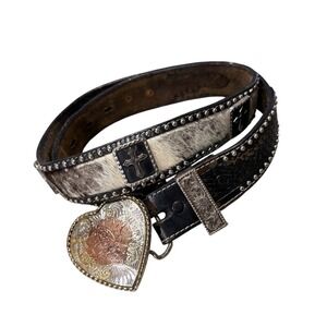 Ranger Belt Co Western Leather Belt Women's 34" Calf Hair Hide, Heart Buckle